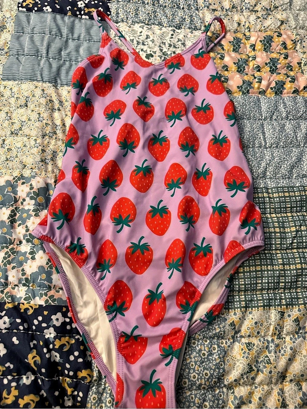 Quince Strawberry Print One-Piece Swimsuit Pink & Red Size 10 Like New